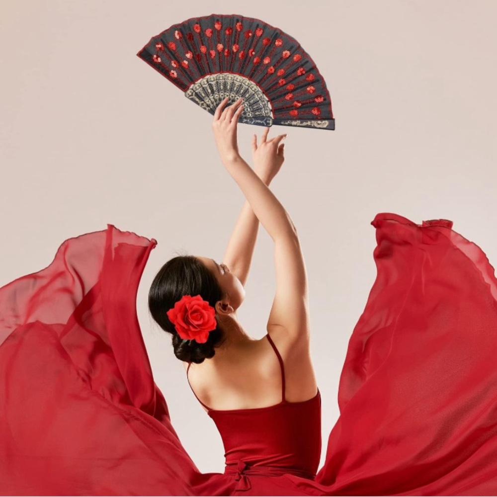 Embroidered Sequins Fabric Handheld Folding Fan for Women Girls Flamenco Dancer